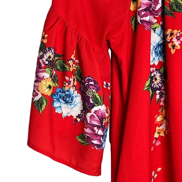 Umgee Red Floral Peasant Dress Small Boho Bell Sleeve Cottagecore - Picture 4 of 12